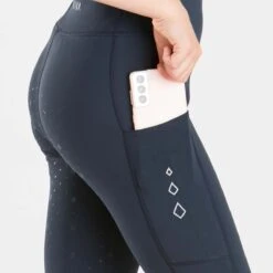 Harry Hall Junior Winter Riding Tights Navy Blue -Saddle Store navy winter tights phone pocket detail