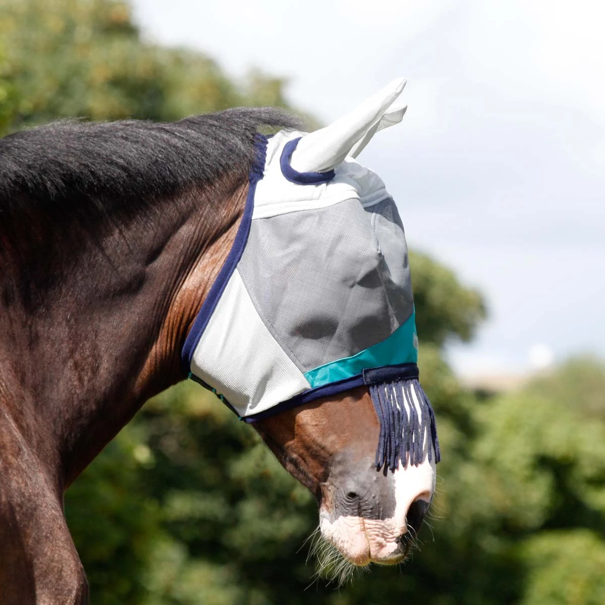 Masta Fly Mask With Ears And Nose Fringe Silver 2 Masta Fly Mask With Ears And Nose Fringe Silver - Image 2